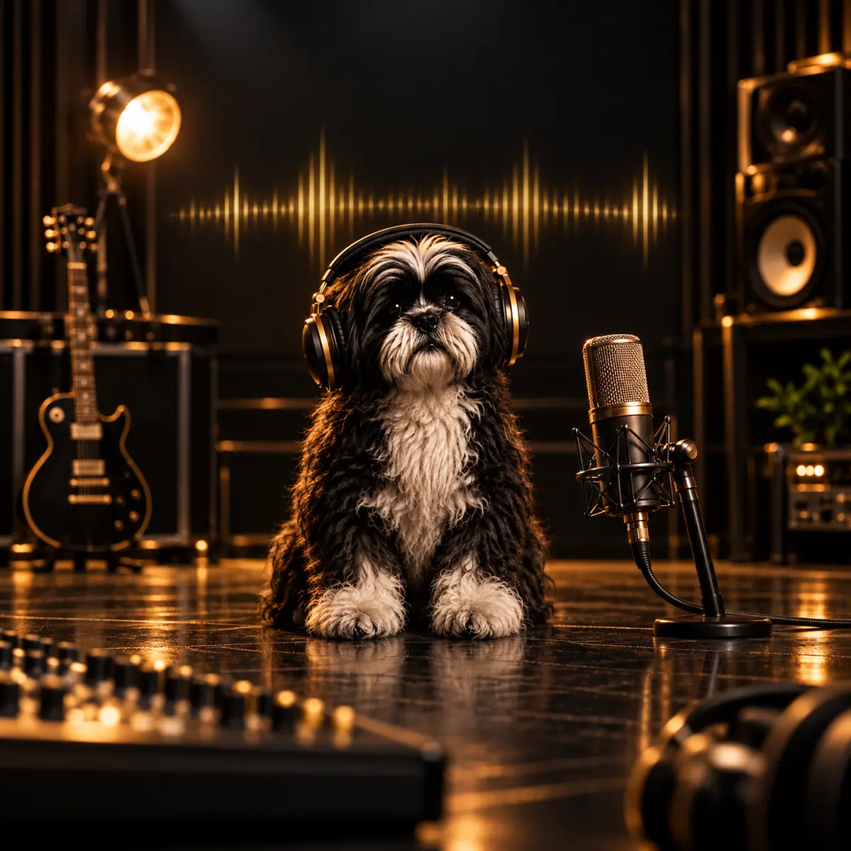 Monty wearing studio headphones beside a microphone