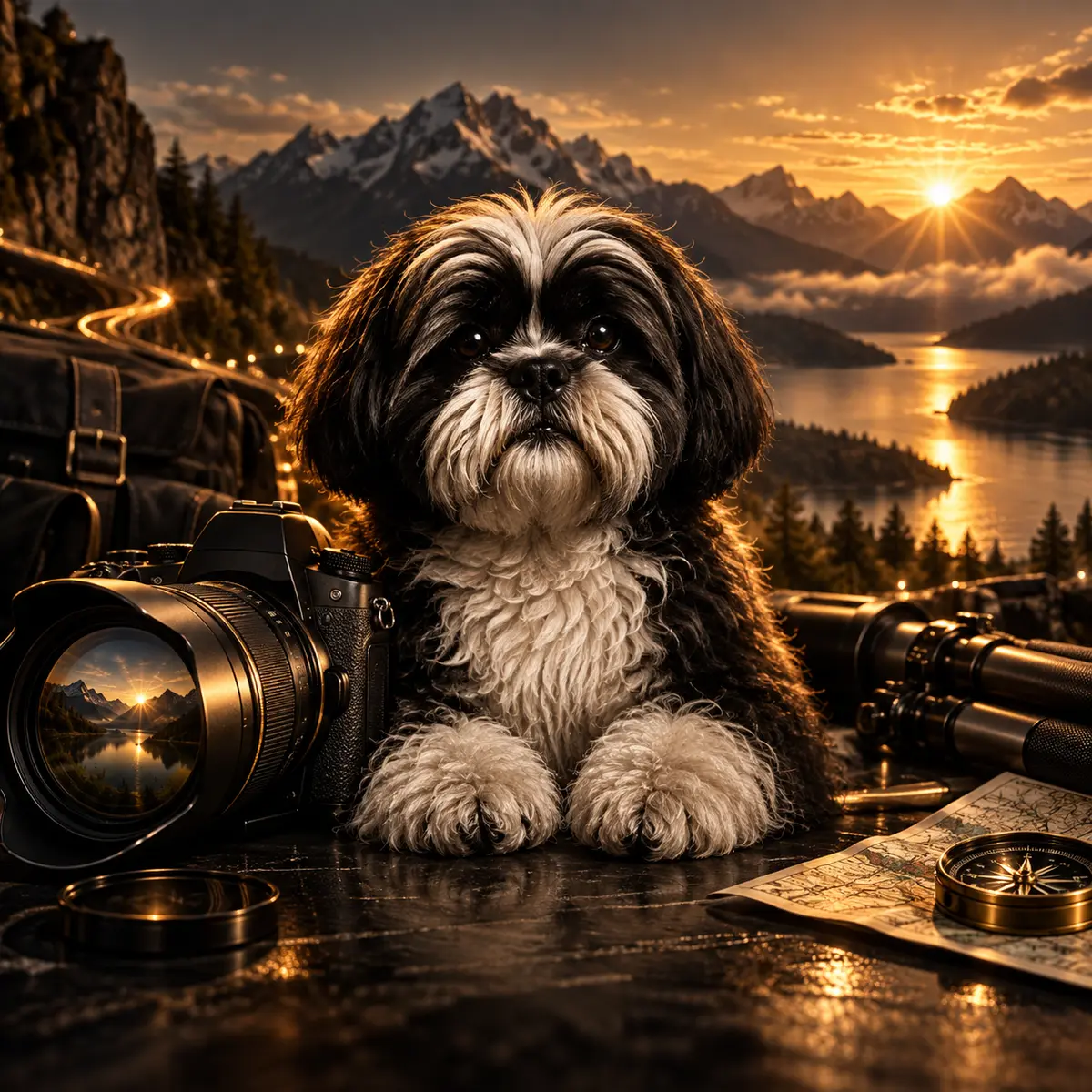 Monty with a camera overlooking a mountain landscape